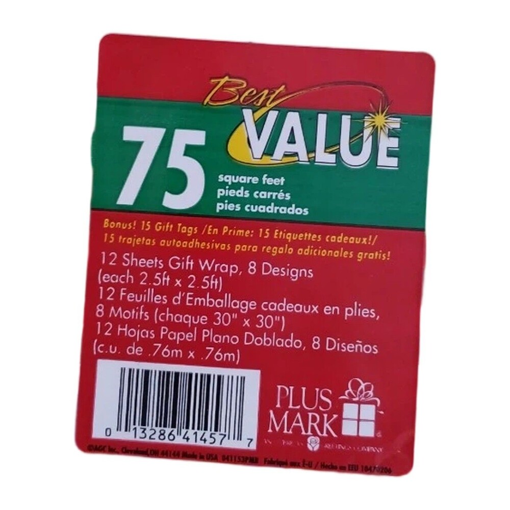 Plus Mark Best Value 75 Sq Ft Gift Wrap 12 Sheets 30 X 30 Holiday Gift Tags